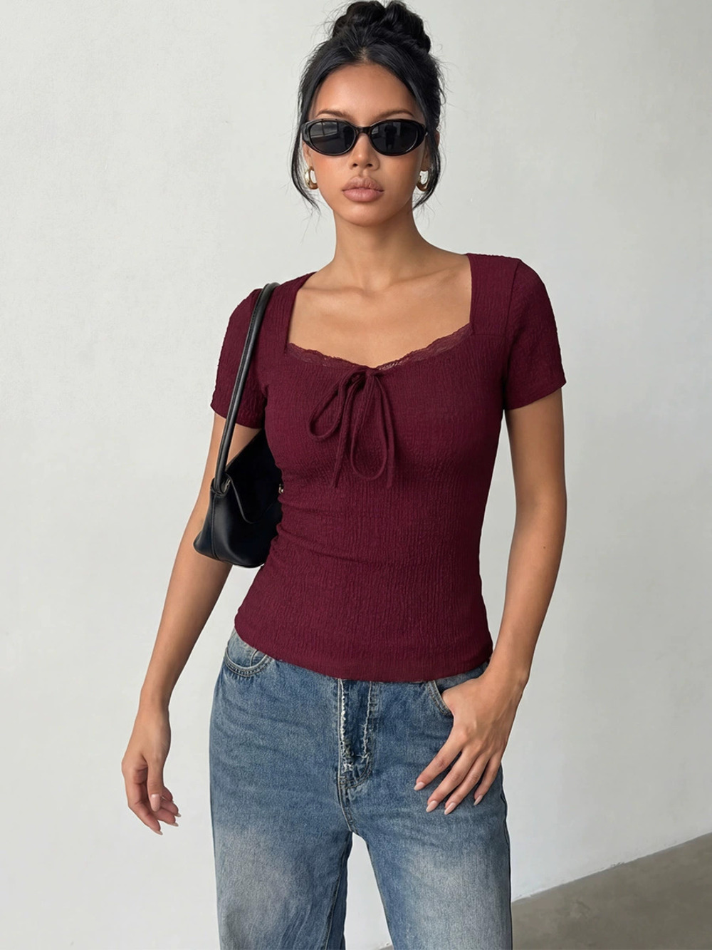 ZARA Fashion Short Sleeve T Shirt Lace Collar Slim Fit Pullover Top